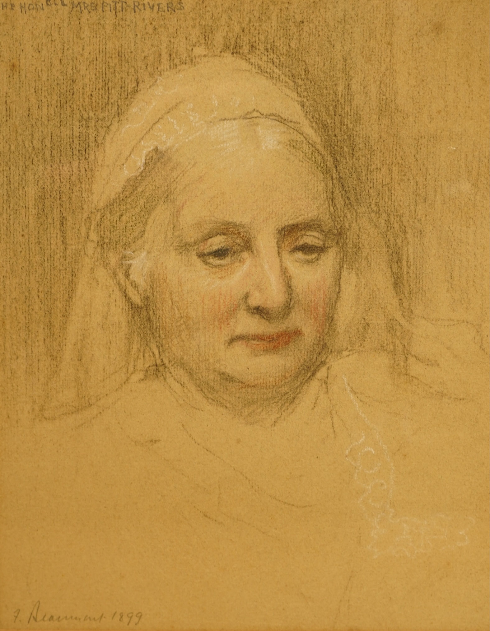 Frederick Beaumont (1861-1954), Portrait of The Honourable Mrs Pitt-Rivers, signed, inscribed and dated 1899, pastel, 25 x 20cm